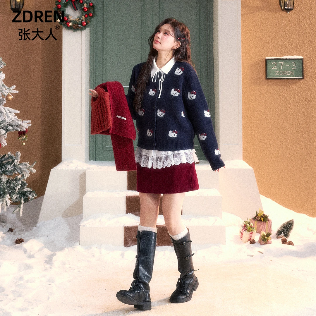 张大人【茶话千金】新年大码女装微胖妹妹韩系甜美毛衣半裙套装