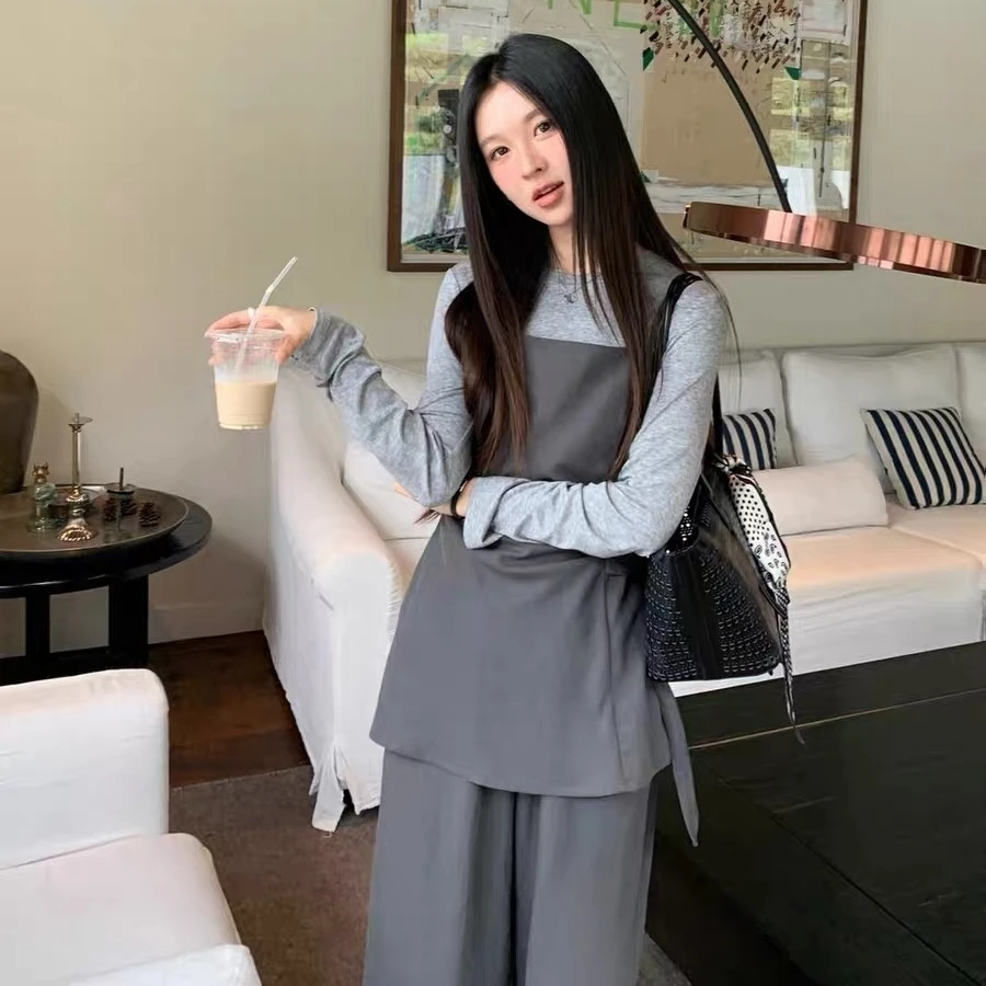 韩版chic 早秋上新高级感侧绑吊带+百搭针织衫+垂感阔腿裤三件套