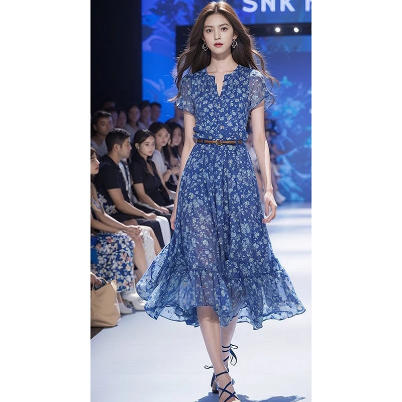 14906夏新款轻奢高级感茶歇法式高端精致蓝色碎花收腰连衣裙子女