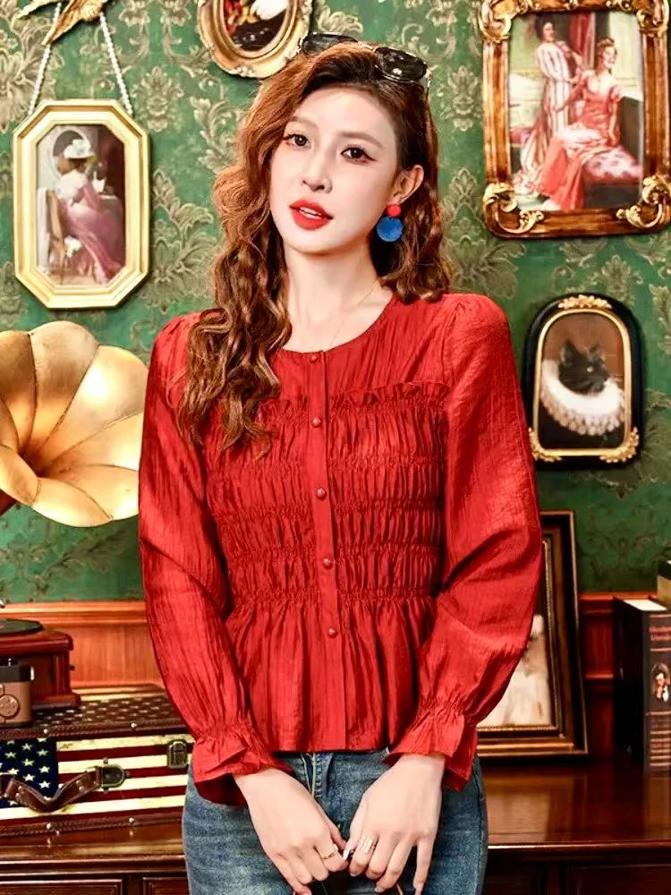 505复古港风长袖衬衫女士多扣春季款