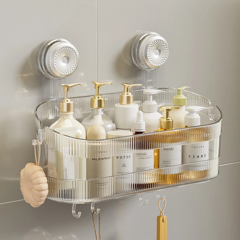 田园元素吸盘式节约空间浴室角架透明托盘沥水多功能置物架