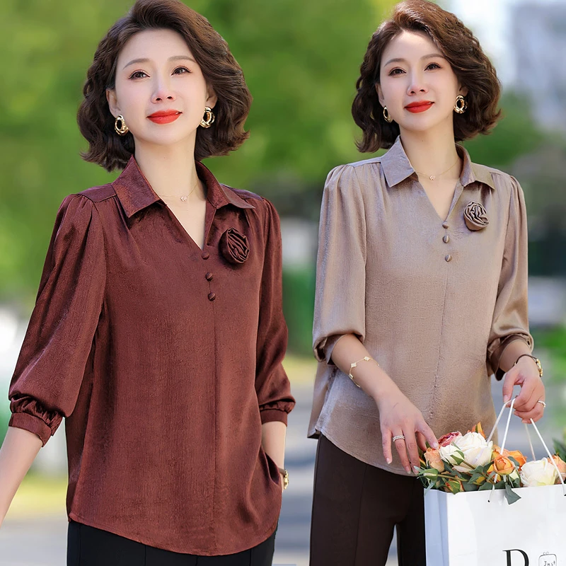 妈妈装翻领雪纺衫套装中老年女装减龄V领套头时尚小衫洋气打底衫