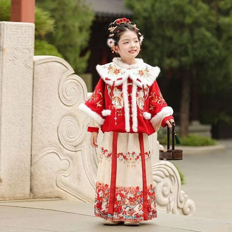 【如意小马】汉服女童冬季明制加厚拜年服古风马面裙中国风唐装冬
