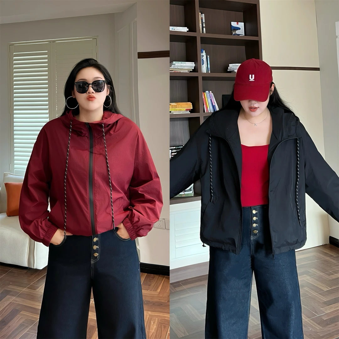 大码女装秋季显瘦花契200斤胖mm韩风帅气抽绳连帽冲锋衣15447 F