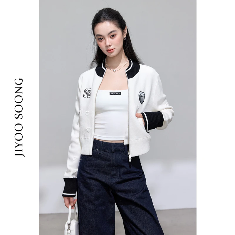 JIYOO SOONG | 美式复古爱心提花撞色运动棒球服针织短外套