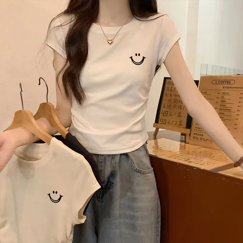 不规则褶皱圆领短袖t恤女夏季设计感修身短款小个子正肩体恤上衣