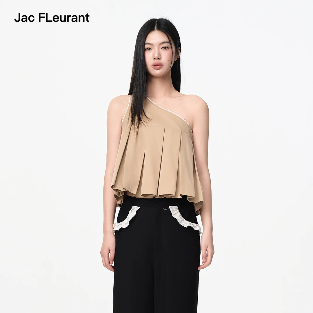 JAC FLEURANT春夏新品卡其色蕾丝边百褶斜肩上衣百搭
