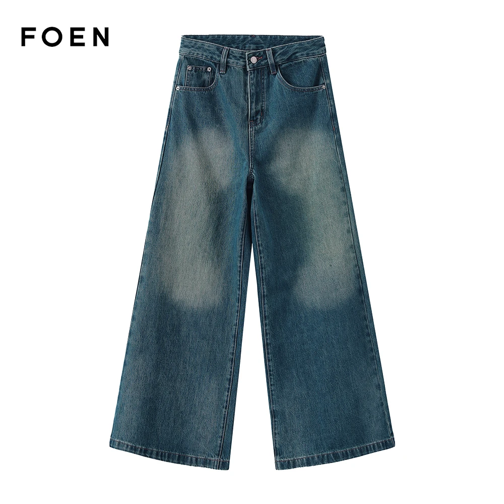 FOEN-高腰阔腿裤秋季四季通用女牛仔裤宽松筒裤渐变复古