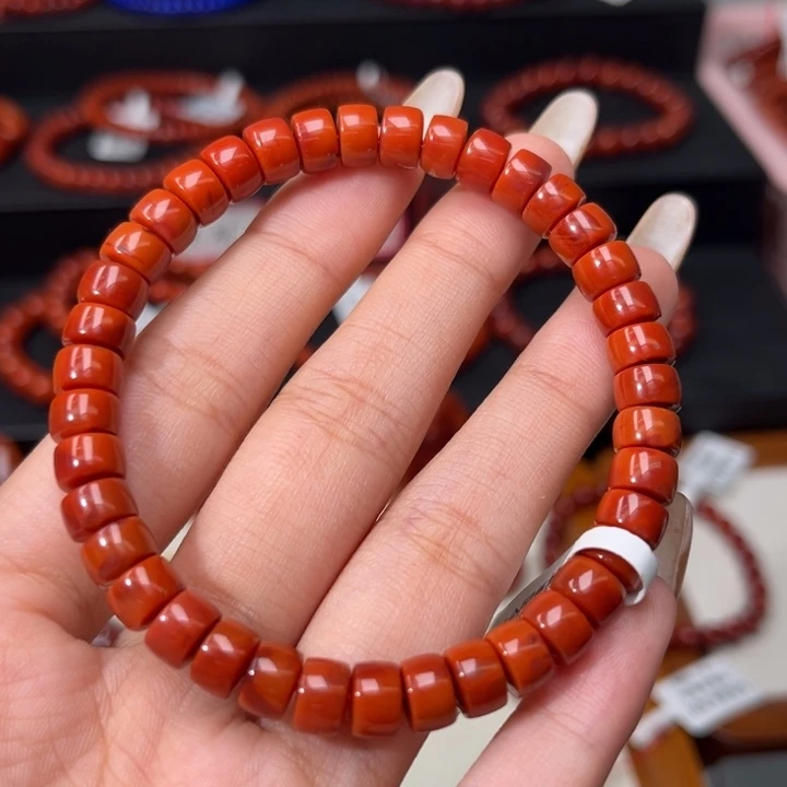 南红玛瑙未镶嵌手链精工直切药片满肉柿子红玫红7mm