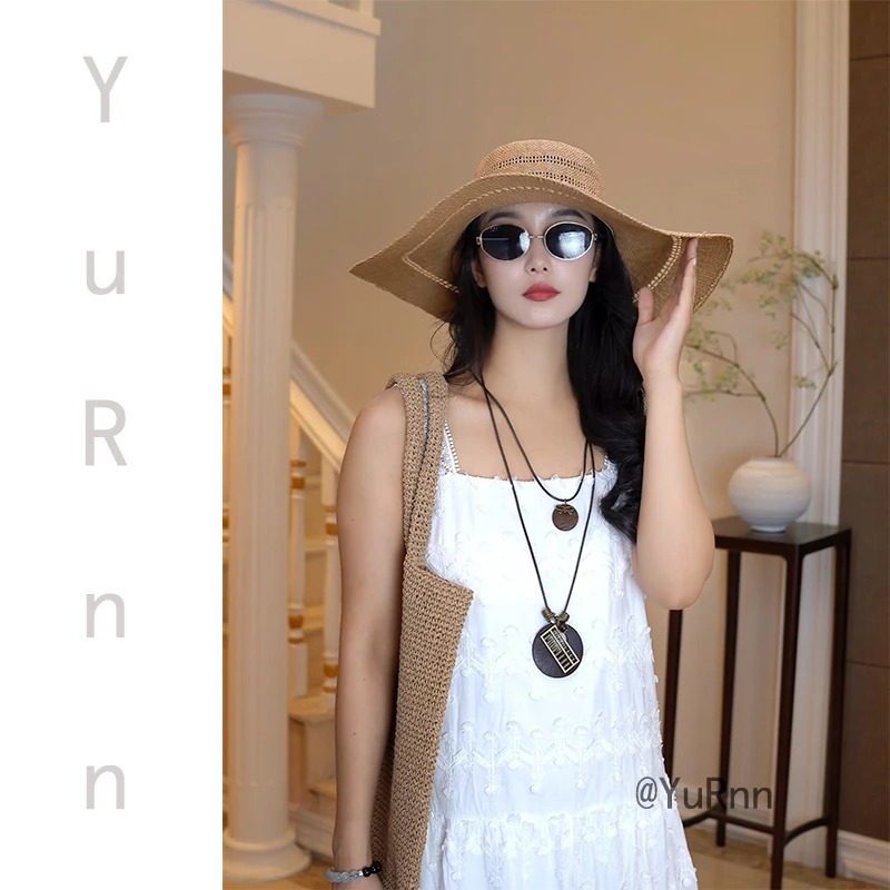 夏季度假大帽檐草帽女遮阳放紫外线海边沙滩优雅造型防晒帽YR0026