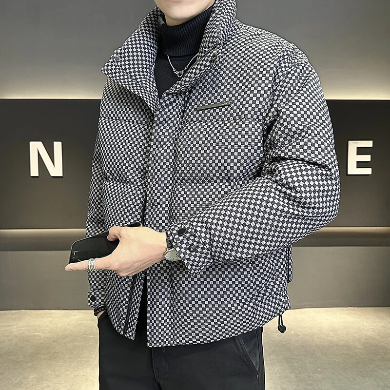高品质男士格子羽绒服冬季2024新款加厚防寒保暖休闲立领短款外套