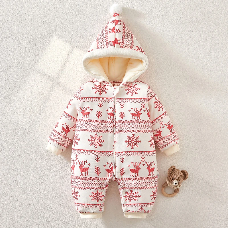 婴儿连体衣新生儿夹棉哈衣连帽外套加厚爬服宝宝冬季棉衣儿童保暖