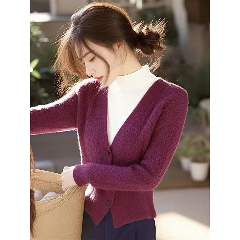 法式优雅绝美紫色半高领假两件针织毛衣女秋冬款高级感气质内搭衫