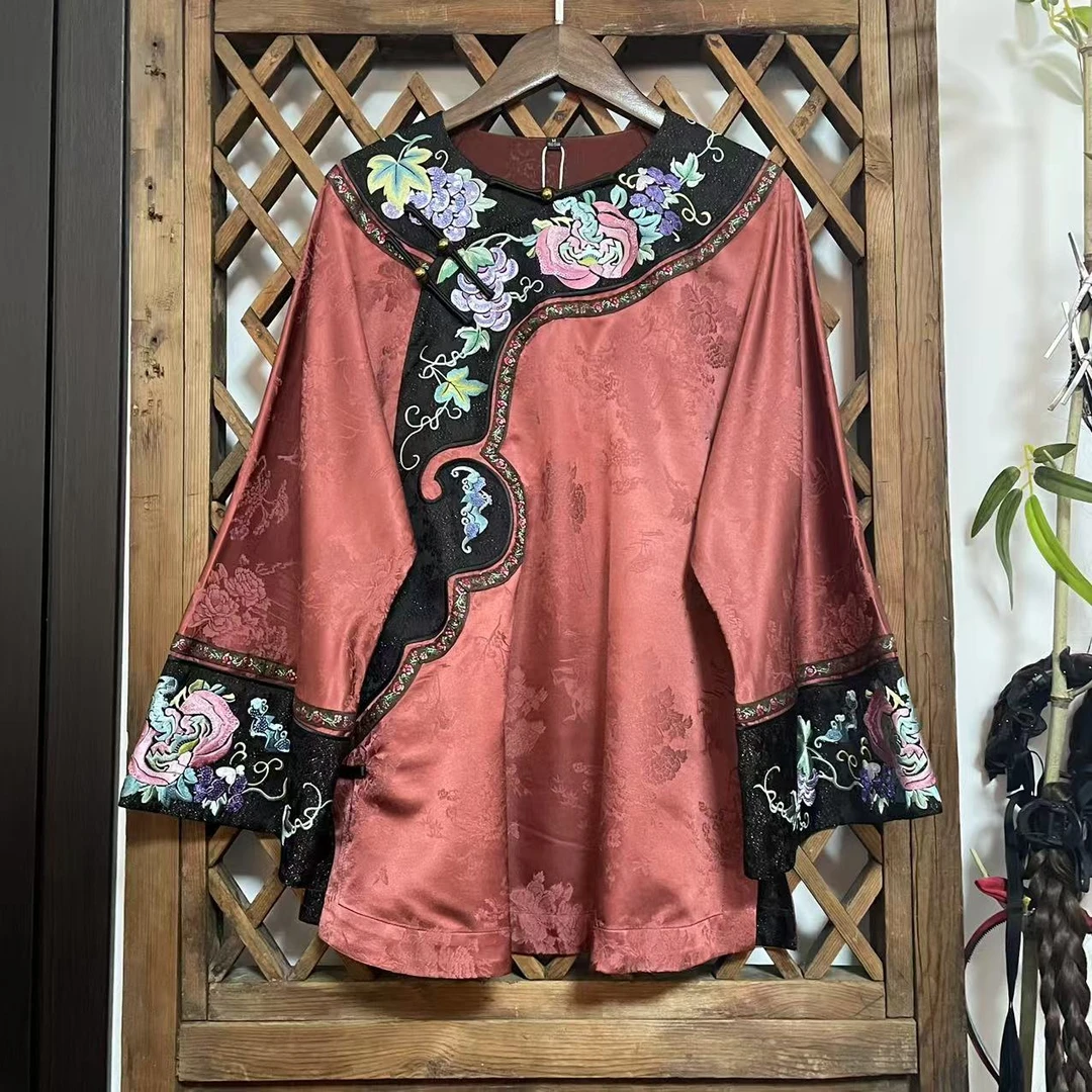 瑜玥传琦原创新中国风重工刺绣斜襟香云纱中式复古刺绣上衣女外套