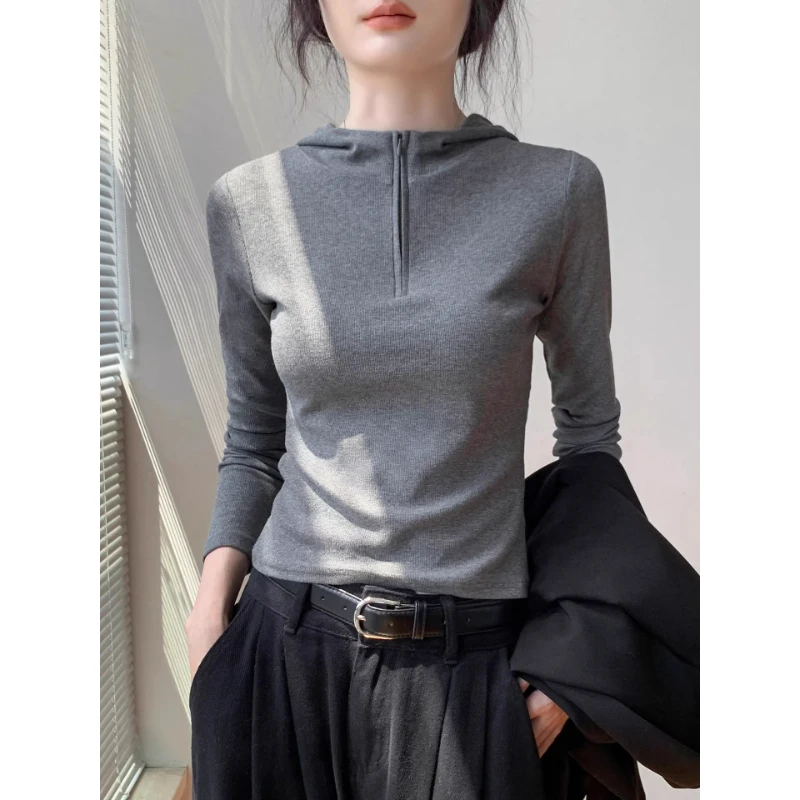 韩版拉链半开领长袖上衣T恤女2025秋新款流行修身连帽卫衣打底衫