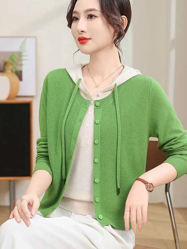 春秋新款假两件针织衫连帽开衫女长袖毛衫上衣宽松显瘦毛衣外套