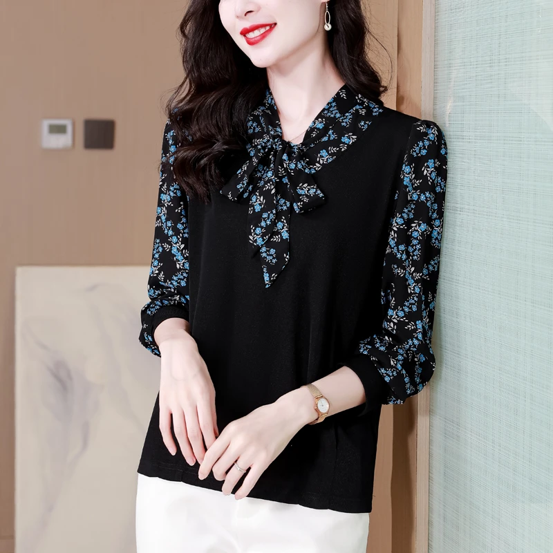 针织衬衫女长袖飘带衬衣春秋新款妈妈小衫宽松时尚碎花打底上衣