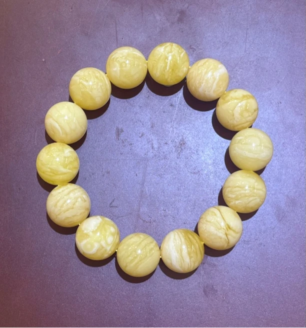 琥珀白花蜜蜡虎皮纹圆珠手串，16m+，37g，天然原矿保真