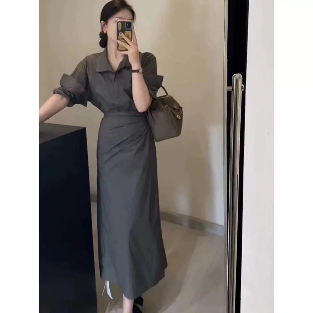 甜菜家设计系带V领收腰连衣裙女新款修身气质显瘦娃娃领衬衫长裙