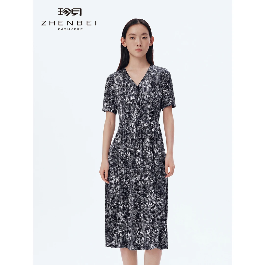 ZB/珍贝25夏季新款针织真*印花连衣裙V领短袖系带收腰A字裙37642