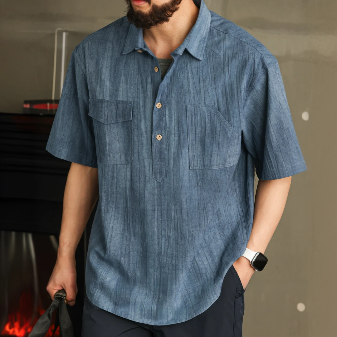 都市轻奢复古棉麻肌理感短袖衬衫男士夏季薄款休闲宽松POLO领衬衣