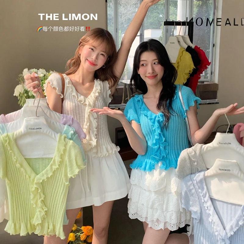 THE LIMON柠檬绿茶百搭套头多色木耳边小心机修身V领针织衫女夏季