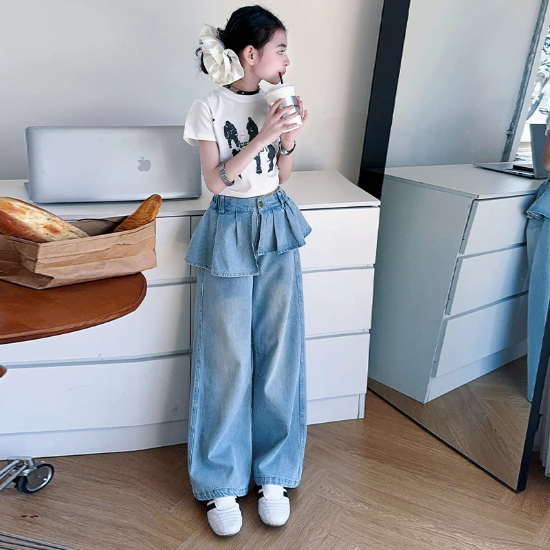 女童夏装薄款牛仔裤2025新款爆款8-15岁中大童时尚潮牌阔腿裤童装