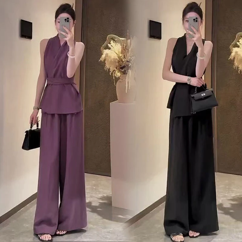 欧洲城御姐风交叉绑带收腰气质无袖上衣阔腿长裤套装