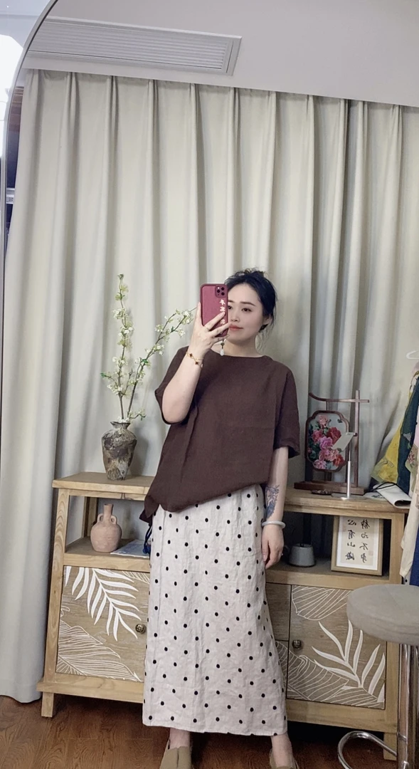 夏季显瘦百搭藏肉波点亚麻半身一步长裙