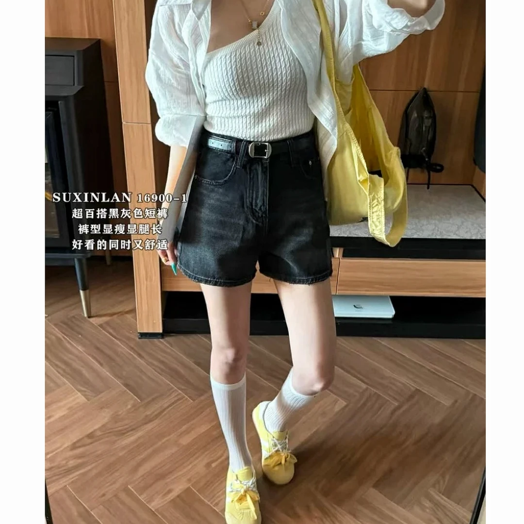 （捡漏款）2025夏复古高腰阔腿A版显瘦黑色牛仔短裤