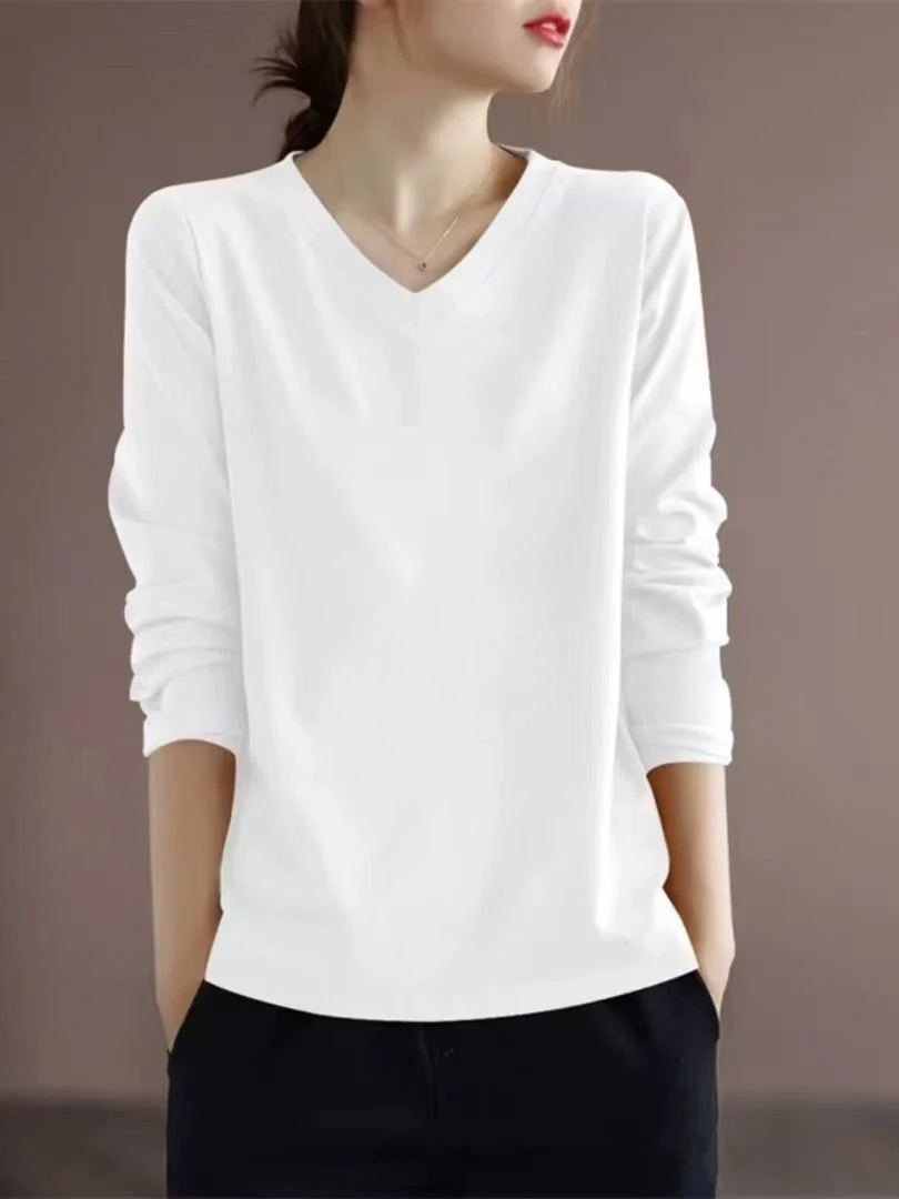 春秋常规休闲内搭简约拼接显瘦时尚长袖V领t恤冬季显瘦红T恤