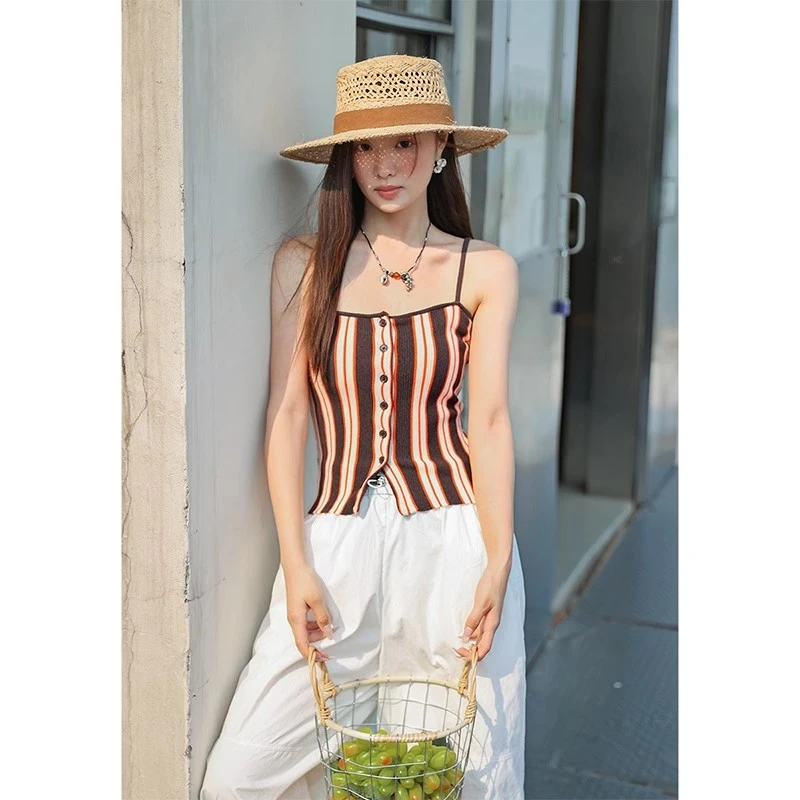 梅子熟了一字领撞色条纹短款吊带背心女装夏季无袖女夏