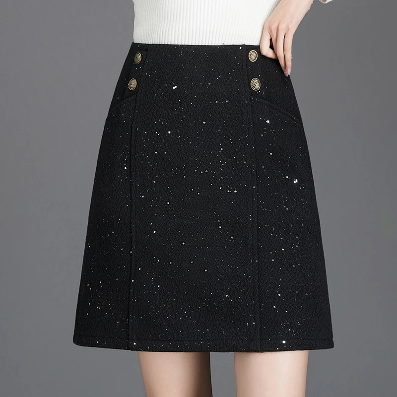 黑色毛呢亮片半身裙女春季2025新款高腰a字裙小个子气质包臀短裙