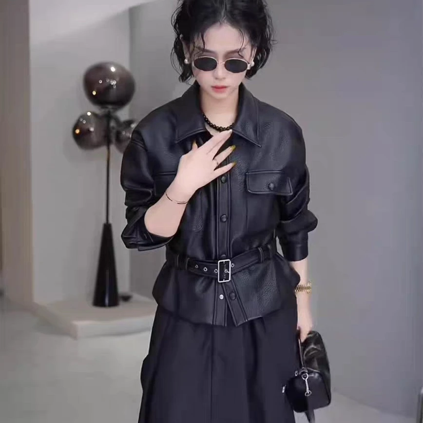 暗黑风方领短款常规款翻领PU时尚套装洋气显瘦上衣