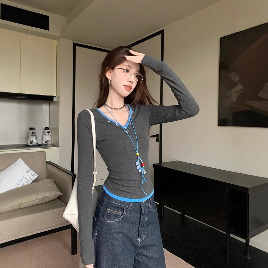 韩系灰色假两件v领T恤女早秋chic甜辣妹设计感修身打底衫短款上衣