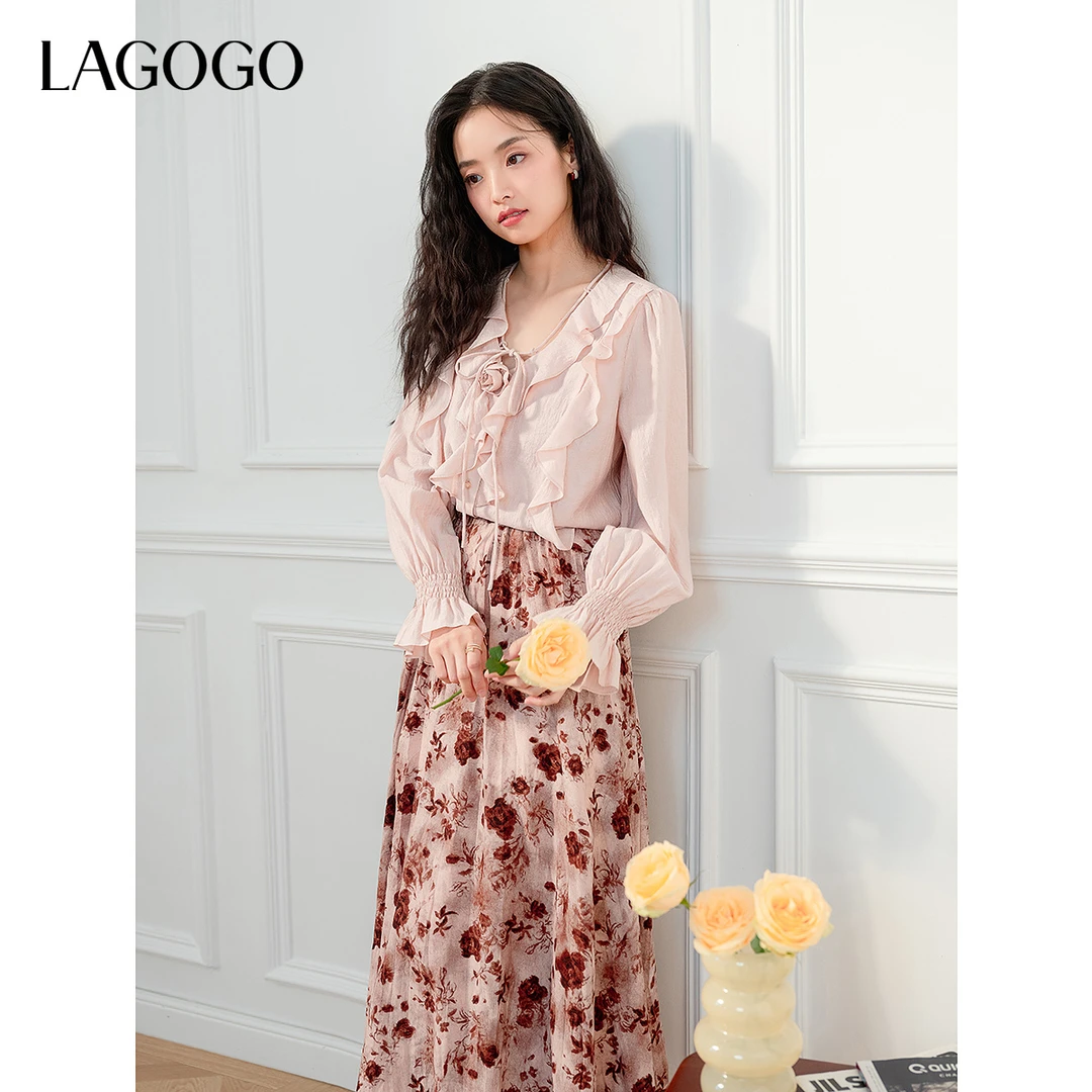 【黛一一专属】lagogo2025新款法式复古荷叶边V领衬衫女OACC431G06