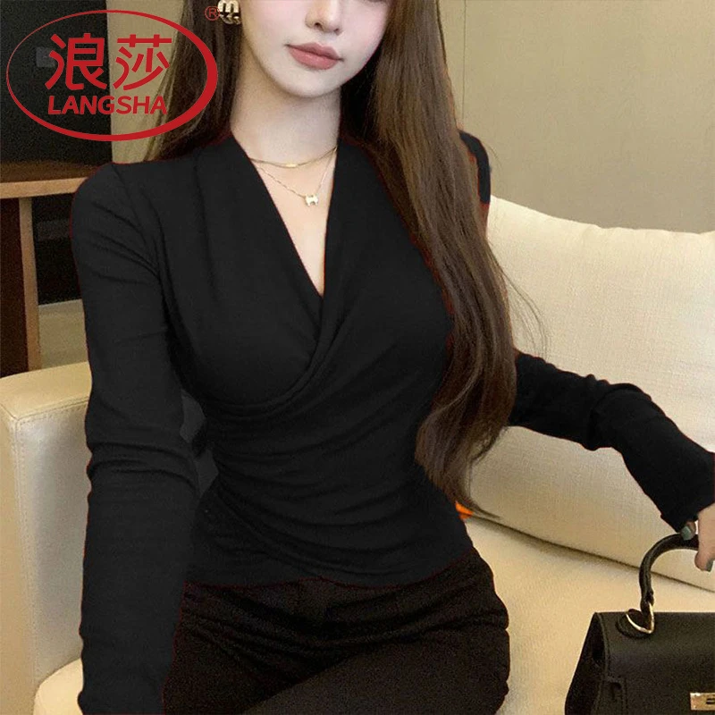 浪莎爆款深v领打底衫女加厚双面德绒2025新款秋冬季修身长袖T恤衫