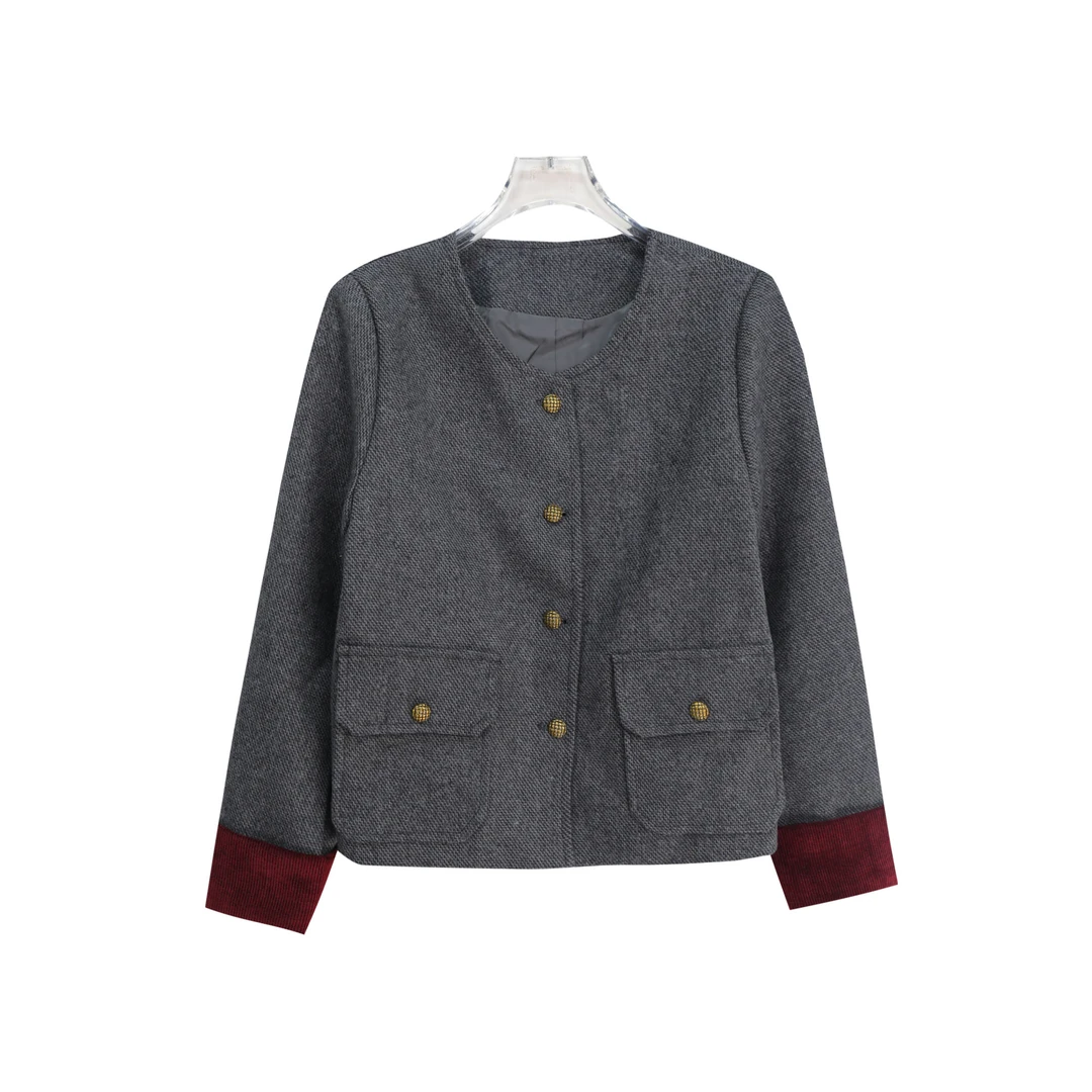 S圆领小香风拼接重工纽扣小众设计外套S4652