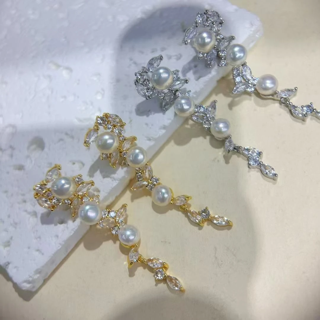 天然淡水珍珠超仙甜美植物花卉金银两色耳饰精致仙气