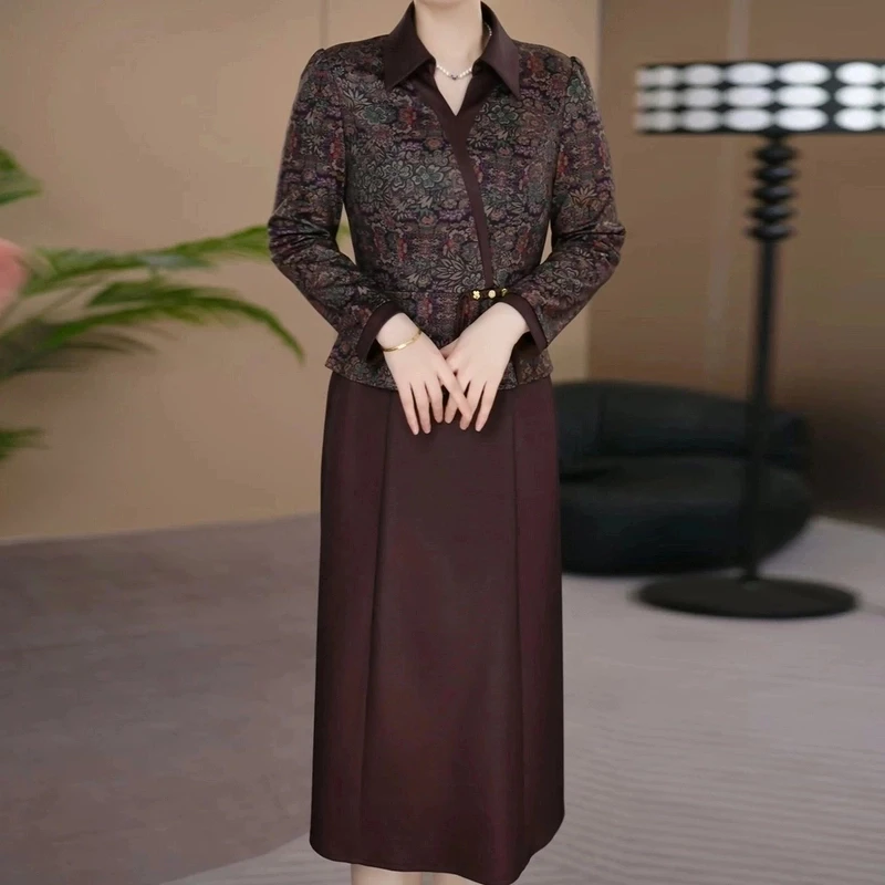 高端贵夫人长袖连衣裙女2025春季新款气质名媛碎花显瘦假两件裙子