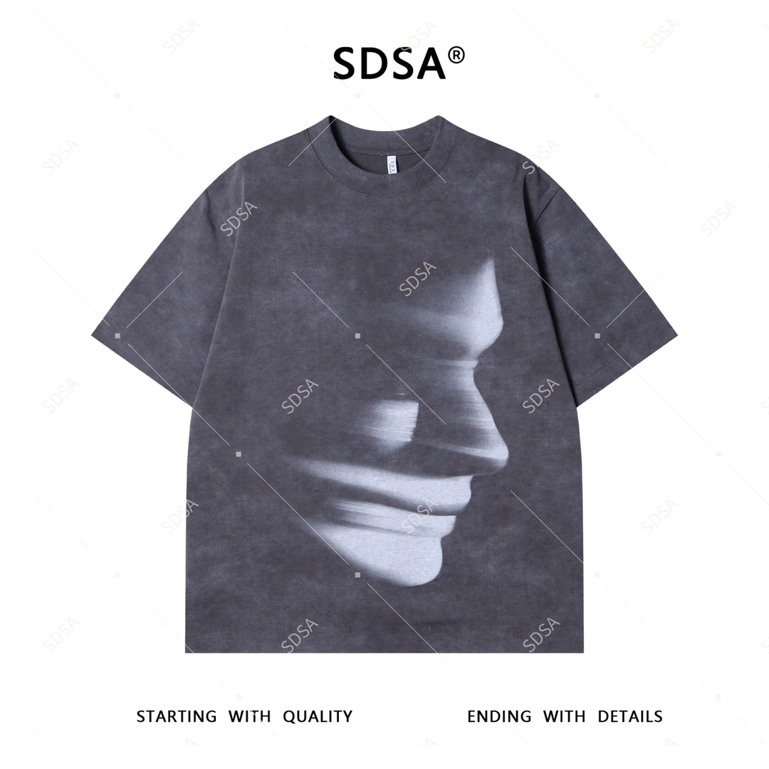 夏季高级感新款男士美式潮牌幻影人像设计短袖T恤宽松圆领上衣