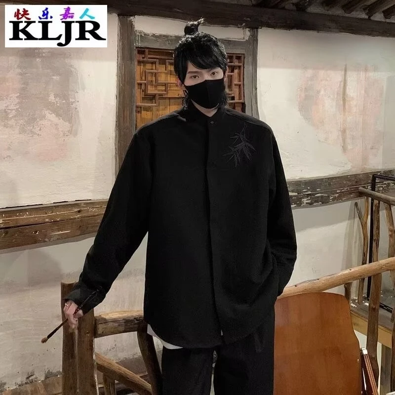 春夏竹叶刺绣新中式唐装复古休闲中立领百搭秋季男黑色韩版中山装