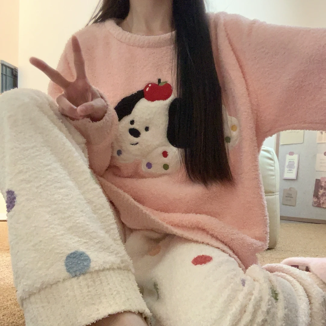 可爱粉色小狗睡衣女冬季加绒加厚半边绒圆领套头珊瑚绒家居服套装