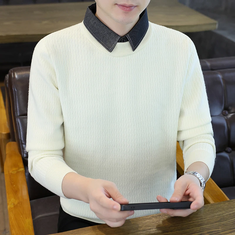 轻奢衬衫领针织衫男2025秋冬新款加厚保暖内搭毛线衣假两件毛衣男