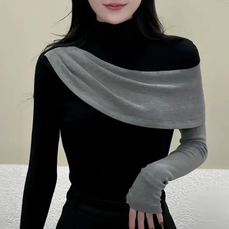 韩版高级感撞色半高领长袖t恤女秋冬时尚洋气假两件拼接打底上衣