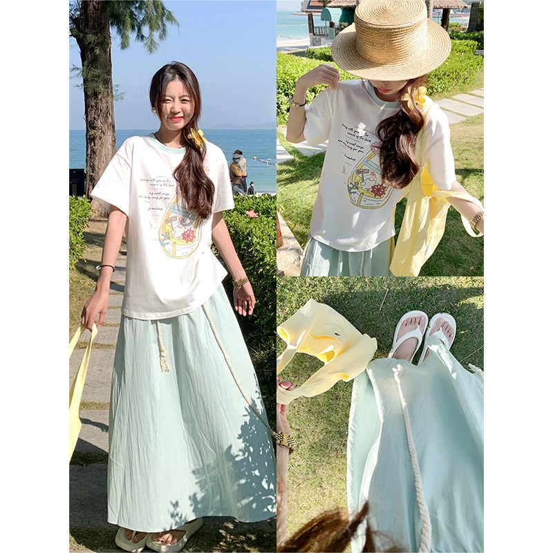 曾小咸 气质薄荷漫波绿显瘦长裙女2025春高腰A字半身裙Z241BZ1048