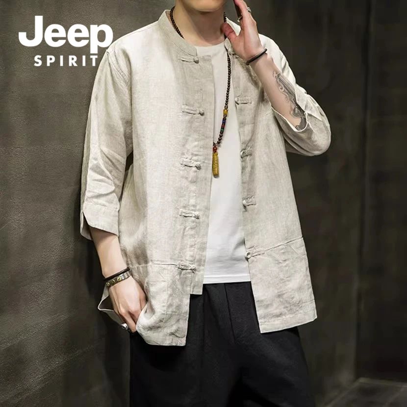 JEEPSPIRIT中式亚麻七分袖衬衫男夏季中国风盘扣大码唐装棉麻外套