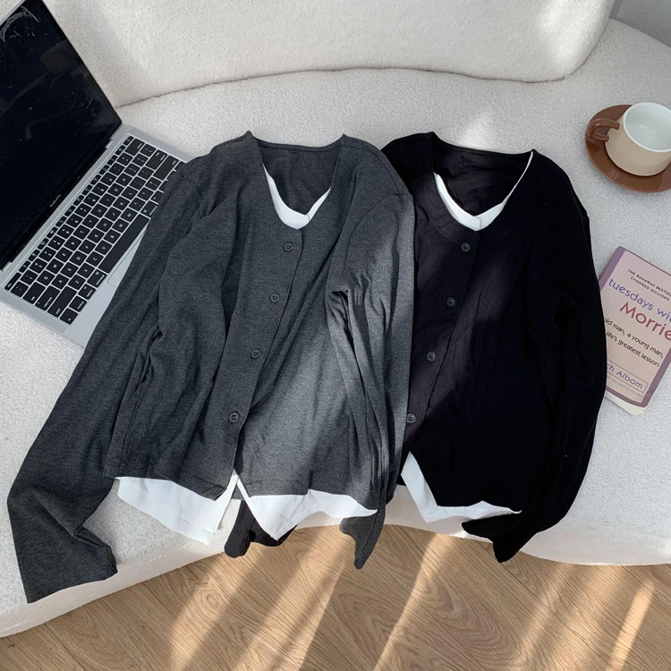 V领假两件休闲宽松显瘦百搭小排扣长袖针织衫HJ125