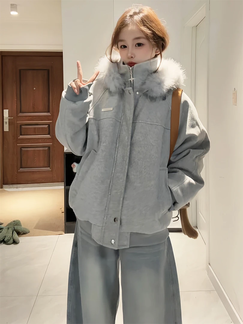 韩系新款潮牌女装女生冬季穿搭灰色毛领外套女秋冬款棉服宽松棉衣