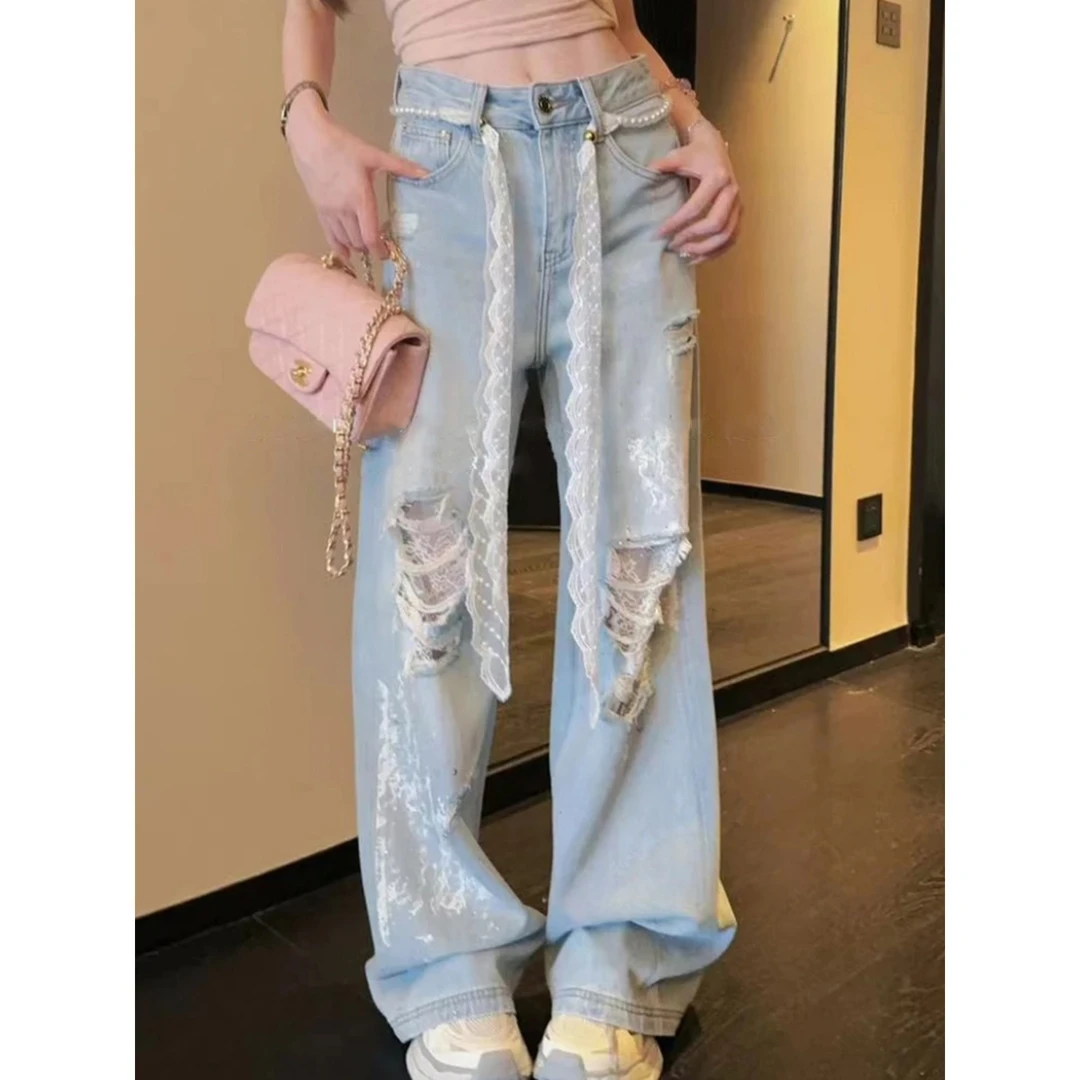 复古浅蓝色破洞牛仔裤子女女士高腰直筒显瘦春夏季阔腿拖地裤